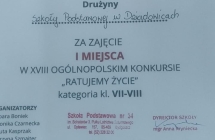 Dyplom I miejsce w XVIII Ogolnopolskiego Konkursu „Ratujemy zycie”. 
