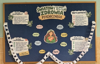 Gazetka szkolna - Swiatowy Dzien Zdrowia Psychicznego z przywieszonym lancuchem sposobow dbania o zdrowie psychiczne zrobionego przez uczniow szkoly